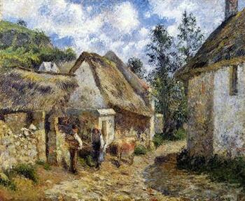 A Street in Auvers (Thatched Cottage and Cow) - Pissarro painting