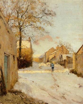 A Village Street in Winter - Sisley painting