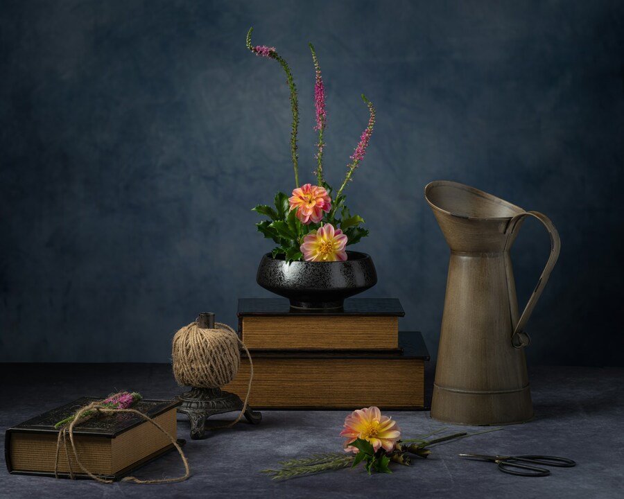 Vase with Flowers, Books and a Pot
