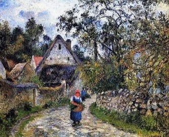 The Village Path - Thatched Cottages In Valhermeil - Pissarro painting