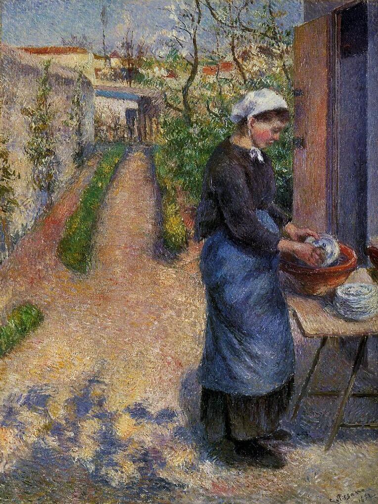 Young Woman Washing Plates - Pissarro painting